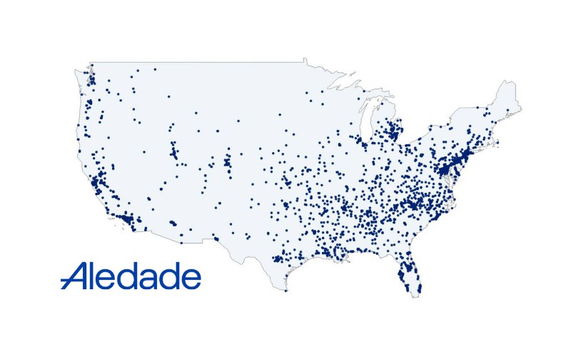 Map of the continental United States showing locations of Aledade partner practices.